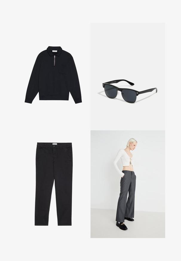 Pier One Sportska majica - black; Crne pamučne hlače uskog kroja, s dva bočna džepa i prednjim zatvaranjem na dugme. Teksturirana tkanina s suptilnim detaljima.; Bijela rebrasta kratka majica s detaljem za vezivanje, uparen s hlačama širokih nogavica u sivoj prugastoj boji. Model nosi crne mokasine s zlatnim akcentima, stoji na plain pozadini.; Crne sunčane naočale pravokutnog oblika, tamne leće, srebrni detalji na sljepoočnicama i matirajuća završna obrada okvira.