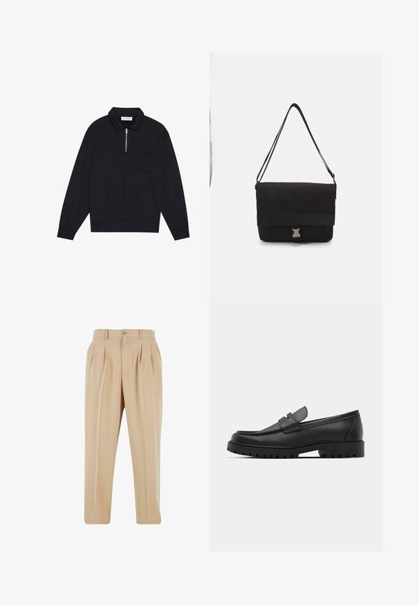 Pier One - Bluza; Beżowe spodnie plisowane o prostym kroju wykonane z gładkiego materiału, z zapięciem na guzik i szlufkami na pasek w pasie.; Czarne skórzane mokasyny z zaokrąglonym noskiem, posiadające przeszywany wzór, niską platformę oraz teksturowaną, gumową podeszwę z bieżnikiem.; Czarna torba na ramię wykonana z gładkiego materiału, z klapą na złożeniu, srebrnymi zapięciami i regulowanym paskiem na ramię.
