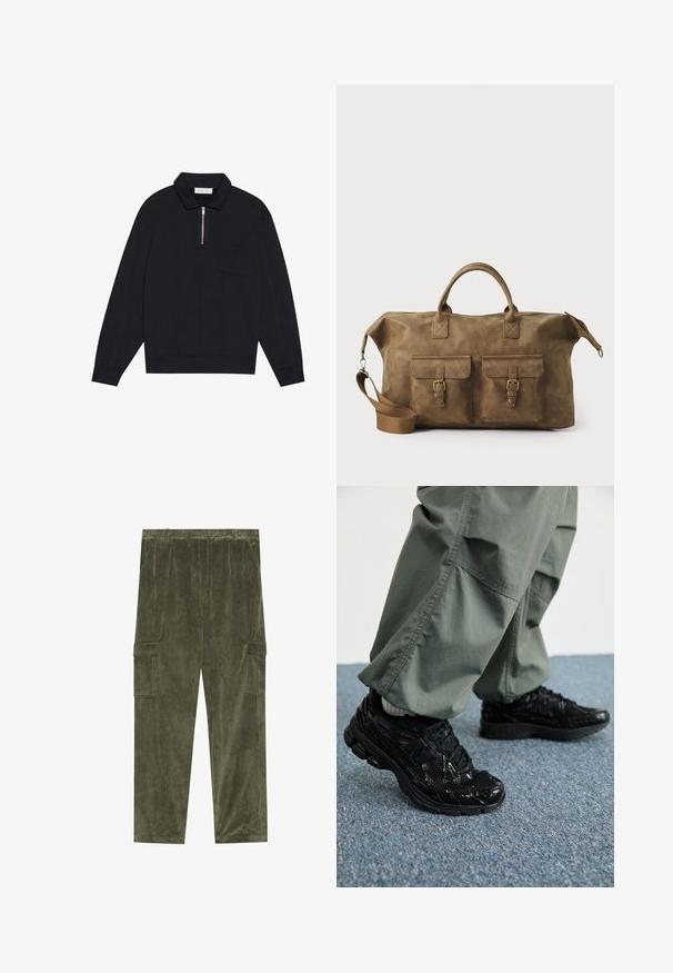 Pier One Sweatshirt - black; Oliven grønn kordfløyels cargobukser med vertikal ribbet tekstur, som har to sidelommer og elastisk midje for komfort.; Svarte sportssko med glossy og mesh teksturer, med en tykk såle og lisser, kombinert med løse olivengrønne cargo-bukser.; Brun lær duffelbag med to frontlommer, justerbar skulderrem, gullfarget maskinvare og robuste topphåndtak. Glatt tekstur.