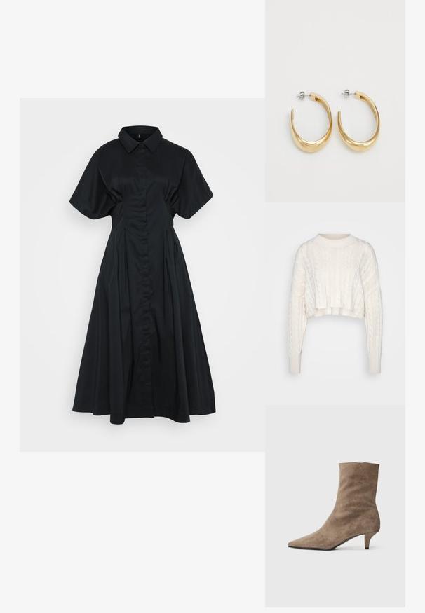 Kremfarget cropped kabelstrikket genser med lange ermer og ribbestrikket rund hals og mansjetter, vist på en ensfarget bakgrunn.; Svart skjortekjole med korte, vide ermer, knappestøping foran og en full, plisséet skjørt. Laget av et glatt, lett stoff.; Brune suede ankelstøvler med spiss tå og en kort, slank hæl. Glatt tekstur med et enkelt, sømløst design.; Gullfargede hoop øredobber med en glatt, buet design. Laget av metall, med en elegant finish og bakfeste.