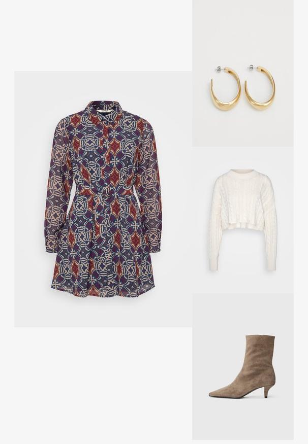 Jasno kremowy, krótki sweter o splocie w warkocze z długimi rękawami oraz prążkowanym okrągłym dekoltem i mankietami, prezentowany na jednolitym tle.; Sukienka koszulowa z kolorowym geometrycznym wzorem w odcieniach czerwieni, niebieskiego i kremowego, z paskiem w talii oraz długimi rękawami. Wykonana z lekkiego materiału.; Brązowy zamszowy botek za kostkę z wydłużonym noskiem i krótkim, smukłym obcasem. Gładka tekstura z prostym, bezszwem wzornictwem.; Złote kolczyki w kształcie obręczy o gładkim, zakrzywionym designie. Wykonane z metalu, z eleganckim wykończeniem i zapięciem na sztyft.