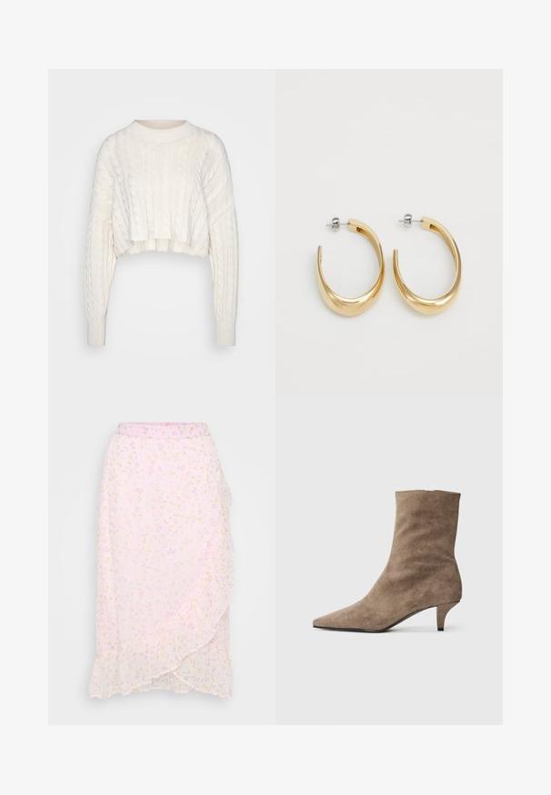 Off-white cropped kabelstrikket sweater med lange ærmer samt ribbet rund halsudskæring og manchetter, præsenteret på en enkel baggrund.; Vero Moda Petite VMSMILLA WRAP SKIRT - Tubenederdele - pink a boo/aura; Brune ruskind ankelstøvle med spids tå og en kort, slank hæl. Glat tekstur med et enkelt, sømløst design.; Guldfarvede hoop øreringe med et glat, buet design. Fremstillet af metal, med en elegant overflade og post-back lukning.