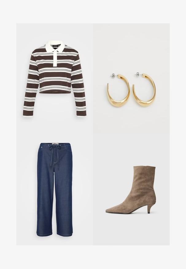 Kremovo balti laisvi megztinis su ilgomis rankovėmis, su megztu raštu ir įpjovimu kaklo linijoje bei rankogaliais, pateiktas ant vientiso fono.; Ruda ir balta dryžuota ilgomis rankovėmis polo marškinėliai su apykakle, trimis mygtukais ir trumpintu sijonu. Minkšta medžiaga su horizontaliais dryžiais.; Tamsiai mėlynos plačios kelnės su raišteliu juosmenyje, priekinėmis kišenėmis ir matomomis baltomis siūlėmis.; Rudos zomšos aulinukai iki kulkšnies su smailiu priekiu ir trumpu, siauru kulnu. Lygi tekstūra su paprastu, be siūlių dizainu.; Auksinės spalvos apyrankės auskarai su glotnia, kreiva forma. Pagaminti iš metalo, turintys elegantišką apdailą ir užsegimą su smeigėle.