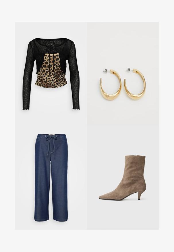 Off-white cropped kabelstrikket sweater med lange ærmer samt ribbet rund halsudskæring og manchetter, præsenteret på en enkel baggrund.; Sort langærmet crop top med et tekstureret, mere gennemskinneligt stof og et leopardmønstret frontpanel. Har en justerbar snøre ved halsen.; Mørkeblå vide bukser med snor i livet, for- og baglommer samt synlige hvide sømme.; Brune ruskind ankelstøvle med spids tå og en kort, slank hæl. Glat tekstur med et enkelt, sømløst design.; Guldfarvede hoop øreringe med et glat, buet design. Fremstillet af metal, med en elegant overflade og post-back lukning.