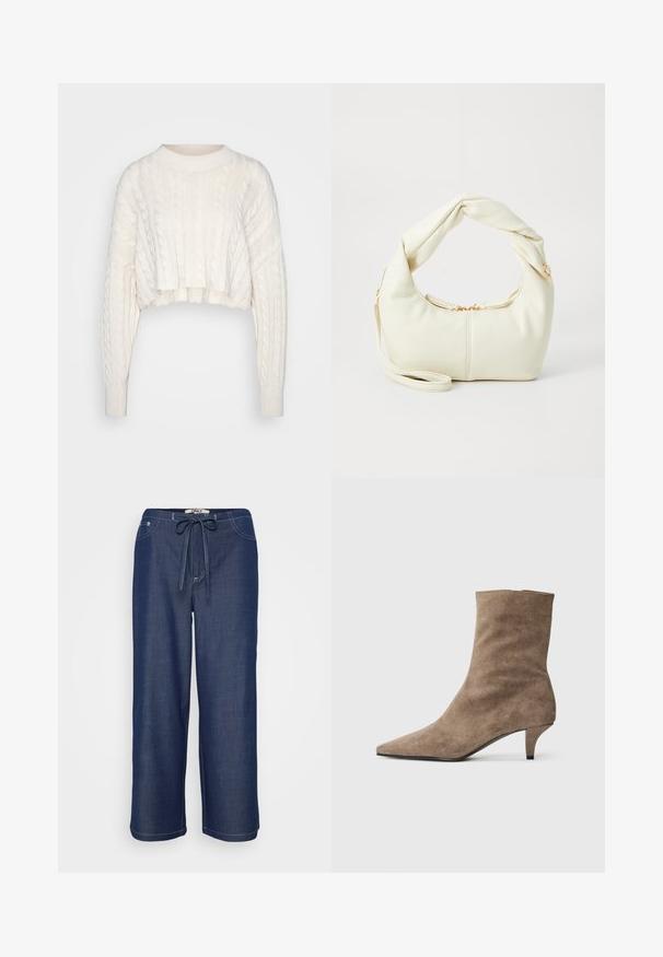 Pull cropped en maille torsadée couleur ivoire, avec de longues manches et un col rond côtelé, présenté sur un fond uni.; Pantalons larges bleu marine avec taille à cordon, poches avant et coutures blanches visibles.; Bottine en daim marron avec un bout pointu et un talon court et fin. Texture lisse avec un design simple, sans coutures.; Sac à main en cuir synthétique blanc avec une poignée nouée, fermeture éclair, accents en métal doré et une forme arrondie.; Boucles d'oreilles créoles de couleur dorée avec un design lisse et courbé. Fabriquées en métal, elles possèdent une finition élégante et une fermeture à tige.