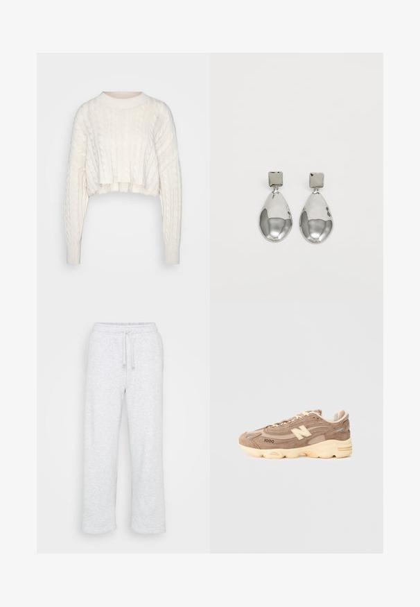 Off-white cropped cable-knit sweater with long sleeves and a ribbed crew neckline and cuffs, displayed on a plain background.; Light grey cotton sweatpants with elastic waistband and drawstring, straight leg cut, no visible logos or patterns.; Brown suede sneaker with a cushioned cream sole, featuring beige accents, textured panels, and a prominent logo on the side.; Silver drop earrings with a square stud, featuring a smooth, polished finish and a teardrop shape, reflecting light with a glossy surface.