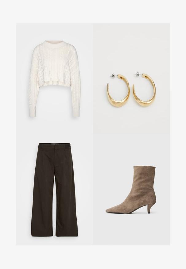 Krém színű, cropped méretű, sodrott kötésű pulóver hosszú ujjakkal és bordázott kerek nyakkivágással, valamint bordázott mandzsettákkal, egyszerű háttér előtt bemutatva.; Sötétbarna, széles lábú nadrág, vékony függőleges csíkozással, övbújtatókkal és elülső cipzáras záródással.; Barna velúr bokacsizma hegyes orral és rövid, karcsú sarokkal. Simább textúra, egyszerű, varrás nélküli dizájnnal.; Aranyszínű karika fülbevalók sima, ívelt dizájnnal. Fémből készültek, elegáns kivitelben, és tűzáras zárással rendelkeznek.