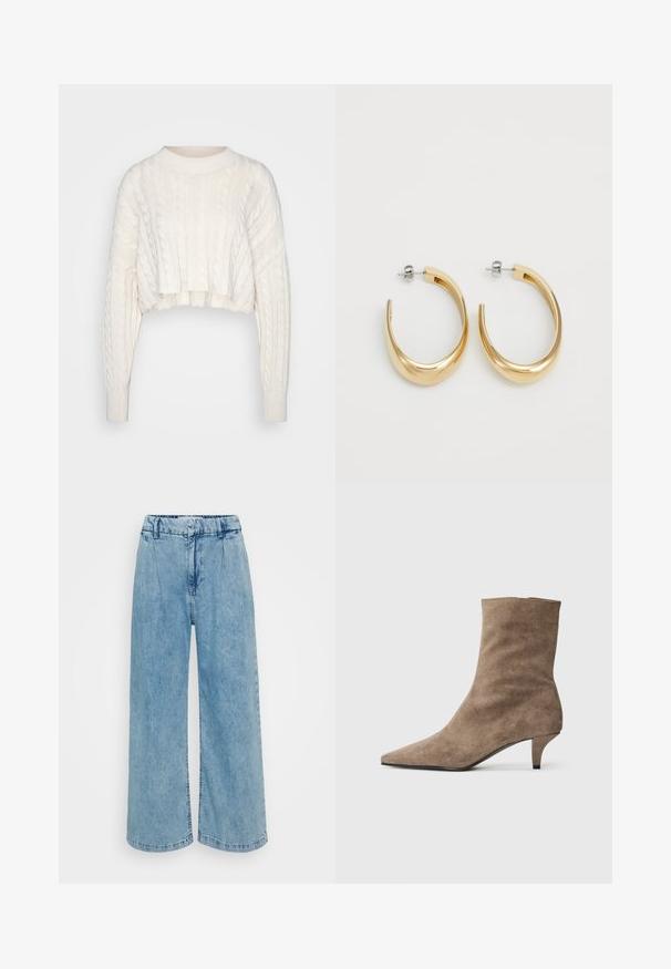 Off-white cropped cable-knit sweater with long sleeves and a ribbed crew neckline and cuffs, displayed on a plain background.; Light blue denim wide-leg trousers with a high waistband, featuring pleats, a smooth texture, and finished hems.; Brown suede ankle boot with a pointed toe and a short, slender heel. Smooth texture with a simple, seam-free design.; Gold-colored hoop earrings with a smooth, curved design. Made of metal, featuring a sleek finish and post-back closure.