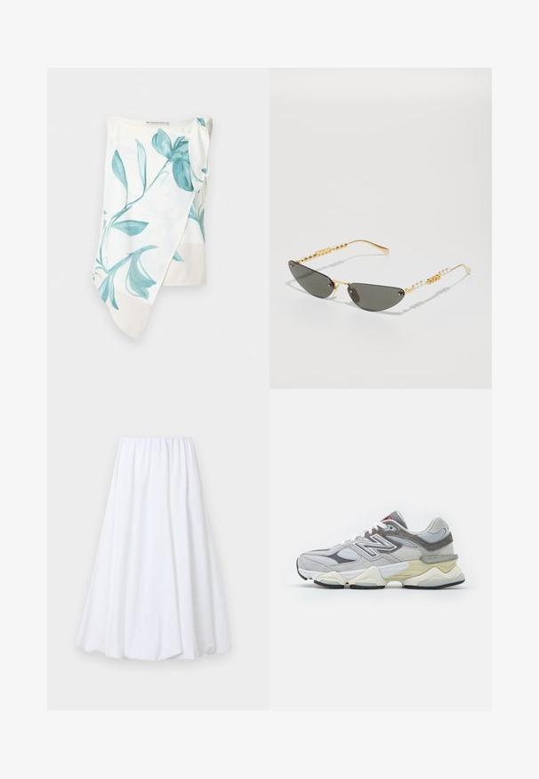 Sweatshirt gri cu "PARIS" scris cu litere mari, de culoare albastru deschis, pe față. Are un guler rotund și manșete și tiv ribbate.; O țesătură ușoară cu un design floral teal pe un fundal alb. Are un detaliu cu nod la o umăr și o textură netedă.; Fustă albă lungă până la gleznă, cu un elastic la talie, realizată dintr-un material ușor, cu o textură netedă și o siluetă fluidă.; Sneaker din suede gri și plasă, cu o talpă groasă albă și bej, având un logo alb proeminent și detalii accent roșii.; Ochelari de soare cu ramă aurie și lentile de un gri închis. Formă unică, tip cat-eye. Temele sunt decorate cu mărgele aurii alternative și accente de perlă.