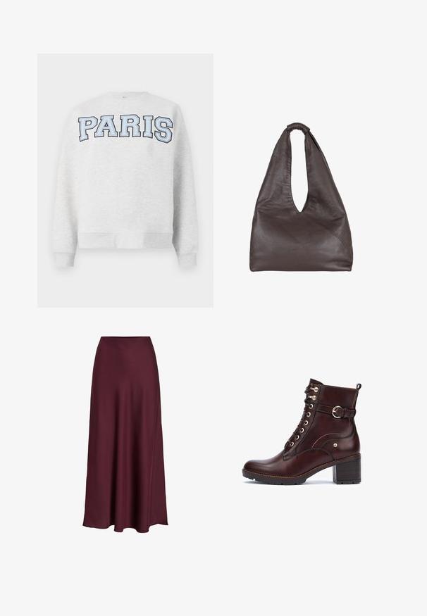 Felpa grigia con la scritta "PARIS" in carattere grassetto e blu chiaro sulla parte anteriore. Presenta un collo rotondo e polsini e orlo a coste.; Gonna maxi in satin bordeaux con una texture liscia, vita alta e una silhouette fluida che si allarga delicatamente verso l'orlo.; Pikolinos LLANES - Tronchetti - dark brown; Borsa in pelle marrone con un design morbido e oversize. Presenta un manico ad anello e un'apertura a V profonda per un accesso facile. Texture morbida, stile minimalista.