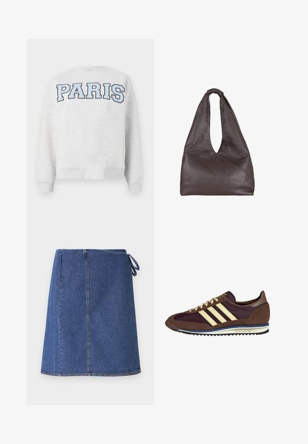 Szürke pulóver, az elején vastag, világoskék betűkkel „PARIS” felirattal. Kerek nyakkivágással és bordás mandzsettákkal és aljjal rendelkezik.; Sötétkék farmer rakott szoknya. Egyenes vonalú fazon, látható varrásokkal és oldalsó megkötéssel a méretállításhoz. Simább textúra és szabványos alj.; Barna és bordó sneaker velúr és hálós anyagból, három krémcsíkkal, texturált anyaggal a nyelvén és gumitalppal.; Barna bőrtáska laza, túlnyúló dizájnnal. Hurok fogantyúval és mély V-alakú nyílással rendelkezik a könnyű hozzáférés érdekében. Puha textúra, minimalista stílus.