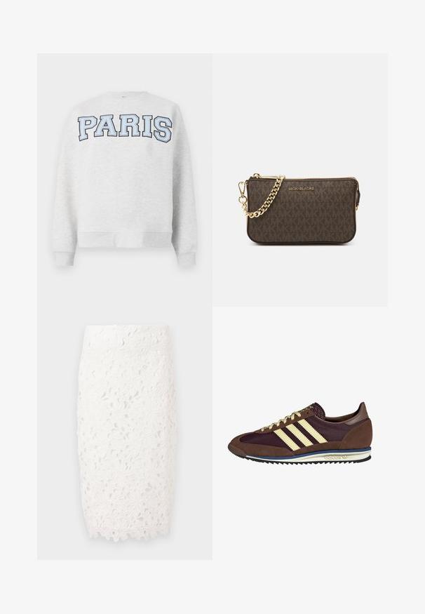 Grå sweatshirt med "PARIS" i fet, ljusblå bokstäver över framsidan. Har rund halsringning och ribbade ärmslut och nederkant.; Vit spets blyertskjol med blommönster, en figurnära silhuett och vågig nederkant för extra detalj. Tillverkad av delikat spetstyg.; Bruna och burgundy sneakers i mocka och mesh-material, med tre krämfärgade ränder, textil på tungan och en gummisula.; Brun läder crossbody-väska med logomönster, guldkedjestropp, dragkedjestängning och detaljer i guld. Kompakt och rektangulär form.
