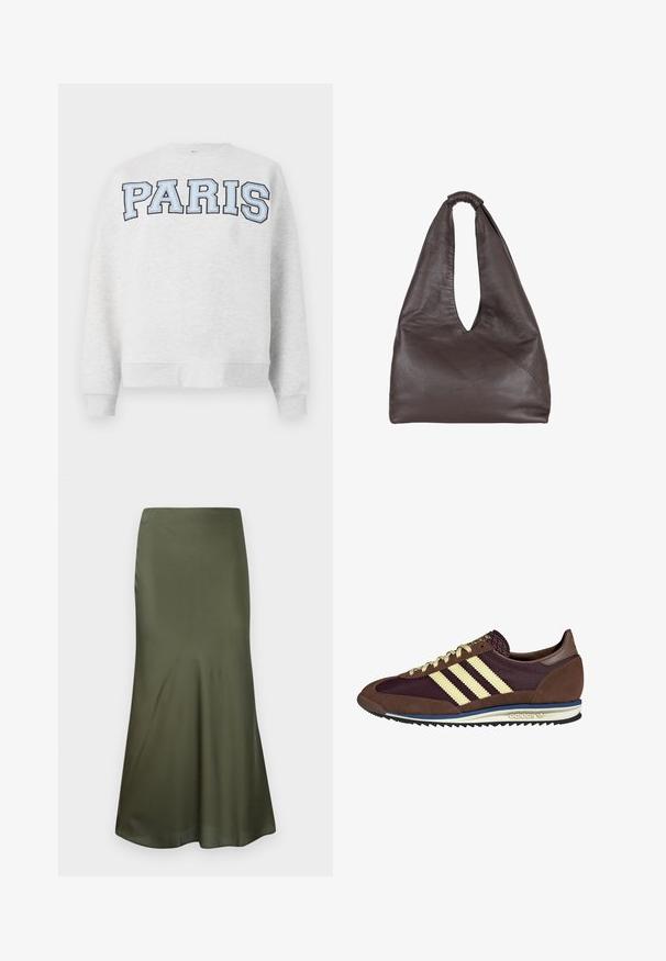 Sweatshirt gri cu "PARIS" scris cu litere mari, de culoare albastru deschis, pe față. Are un guler rotund și manșete și tiv ribbate.; Fustă midi ajustată, de culoare verde măslin, din material satinat, cu tiv evazat, prezentată pe un fundal alb.; Sneaker maro și burgund cu materiale din suede și plasă, având trei dungi crem, țesătură texturată pe limbă și o talpă din cauciuc.; Geantă din piele maro cu un design oversized, relaxat. Dispune de un mâner în formă de buclă și o deschidere adâncă în formă de V pentru acces ușor. Textură moale, stil minimalist.