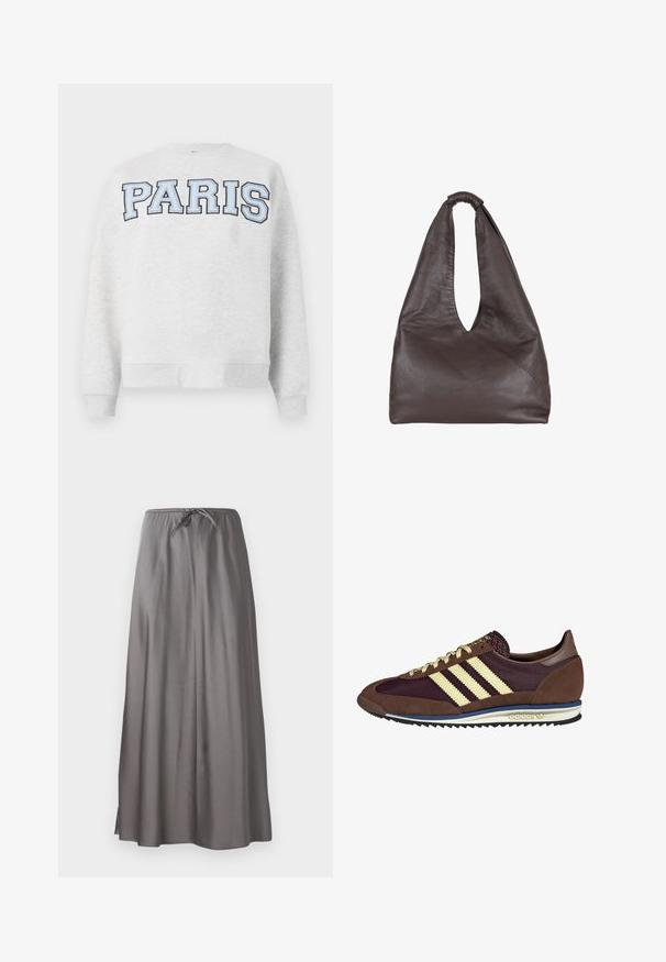 Sweatshirt gris avec "PARIS" en lettres bleu clair en gras sur le devant. Présente un col rond et des poignets et un ourlet côtelés.; Jupe maxi grise en tissu doux et léger. Dotée d'une taille élastique avec cordon de serrage et d'une fente sur les côtés pour plus de liberté de mouvement.; Baskets marron et bordeaux avec des matériaux en daim et en maille, présentant trois rayures crème, un tissu texturé sur la languette et une semelle en caoutchouc.; Sac en cuir marron avec un design ample et décontracté. Équipé d'une poignée en boucle et d'une ouverture en V profonde pour un accès facile. Texture douce, style minimaliste.