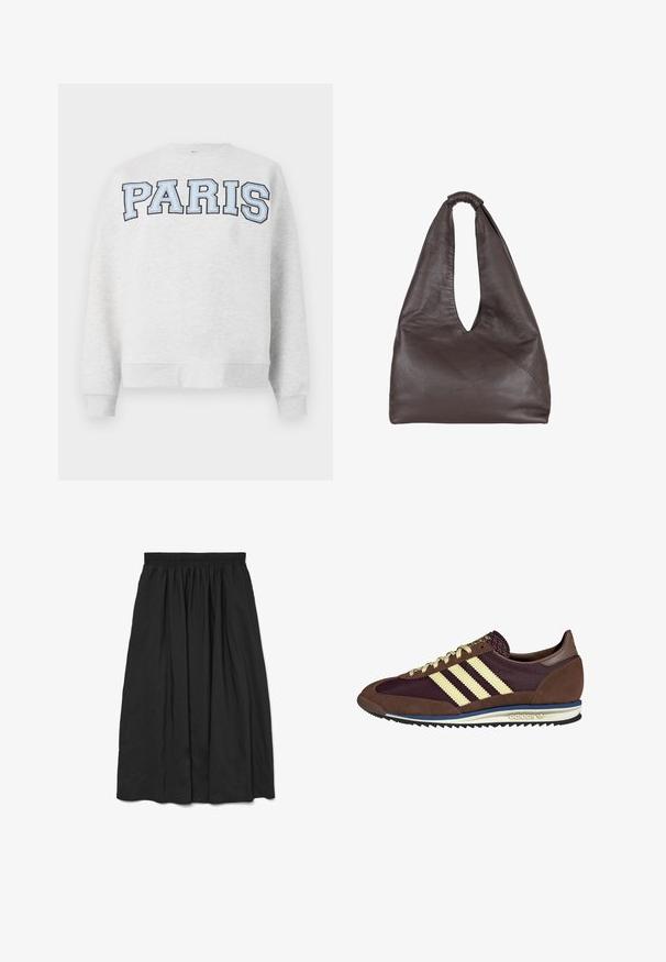 Sivina dukserica z napisom "PARIZ" v svetlo modri barvi na sprednji strani. Ima okroglo izrez in rebraste manšete ter rob.; Črna A-linijska krila z elastičnim pasom. Značilna mehka, lahka tkanina in naborki za dodatno teksturo.; Rjavi in rdeče-burgundske teniske iz usnja in mrežastega materiala, ki imajo tri smetane stripe, teksturirano blago na jeziku in gumijast podplat.; Rjava usnjena torba s spuščeno, prenapolnjeno zasnovo. Ima zanko za ročaj in globok V-izrez za enostaven dostop. Mehka tekstura, minimalistični slog.