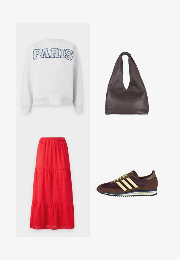 Hallgray dressipluus, mille ees on boldis helesinised tähed "PARIS". Omab ümmargust kaelust ning soonikkoes mansette ja alumist äärt.; Punane puuvillane maxi seelik elastse vöökohtaga, millel on kolm kihilist frillit ja sile tekstuur. Lihtne disain, ilma nähtavate mustriteta.; Pruun ja burgundi värvi tennised, mis on valmistatud karvase ja võrkmaterjaliga, sisaldavad kolme kreemjat triipu, tekstuurset kangast keelt ja kummist talla.; PRUUNIST nahk-kott, millel on lõtv ja üle suuruse disain. Varustatud silmadega käepideme ja sügava V-lõikega avamisega lihtsaks ligipääsuks. Pehme tekstuur, minimalistlik stiil.