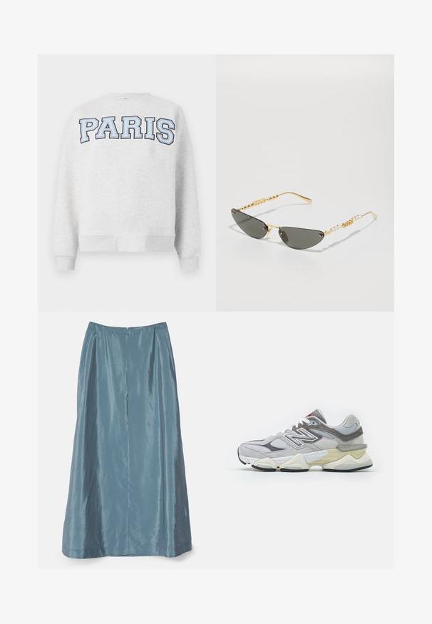 Grauer Sweatshirt mit "PARIS" in fettem, hellblauem Schriftzug auf der Vorderseite. Verfügt über einen runden Halsausschnitt sowie gerippte Bündchen und Saum.; Ein bodenlanger, plissierter Rock aus einem sanften, schimmernden blauen Stoff mit einem verdeckten Reißverschluss auf der Rückseite und einer glatten Textur.; Graue Wildleder- und Mesh-Sneaker mit einer dicken weißen und beigen Sohle, ausgestattet mit einem auffälligen weißen Logo und roten Akzentdetails.; Sonnenbrille mit goldenem Rahmen und dunkelgrauen Gläsern. Einzigartige Katzenaugenform. Die Bügel sind mit abwechselnden goldenen Perlen und Perlenakzenten verziert.