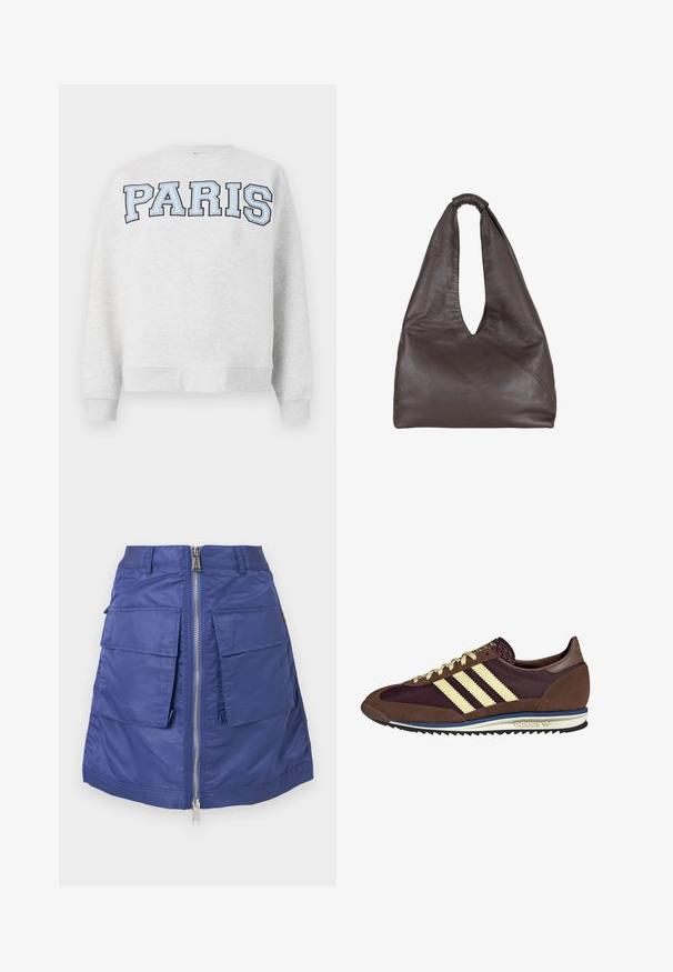Pilkas džemperis su žodžiu "PARIS" storu šviesiai mėlynu šriftu priekyje. Turi apvalų kaklą ir gysloto dizaino rankogalius bei apačią.; Tamsiai mėlynas nėriniuotas sijonas, pagamintas iš nailono, su priekiniais užtrauktukais. Yra dvi didelės kišenės su pūku ir struktūriška siluetas. Patenkinama tekstūra.; Rudi ir burgundiški sportbačiai, pagaminti iš suedės ir tinklinės medžiagos, su trimis grietinėlės spalvos juostelėmis, tekstūruota medžiaga ant liežuvėlio ir guminis padas.; Rudas odinė rankinė su krentančiu, dideliu dizainu. Pasirinkta kilpos rankena ir gili V-formos ertmė patogiam prieigai. Minkštas audinys, minimalistinis stilius.