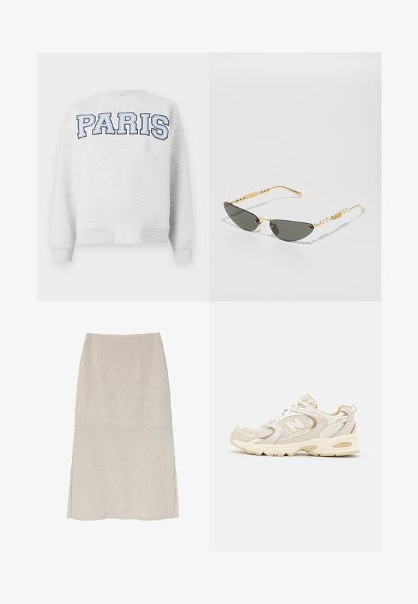 Gray sweatshirt with "PARIS" in bold, light blue lettering across the front. Features a round neckline and ribbed cuffs and hem.; Light beige linen skirt with a straight silhouette, side slits, and a subtle textured finish. No hardware or embellishments visible.; Beige athletic shoes with mesh and synthetic overlays, featuring a textured surface, padded collar, and "ABZORB" cushioning at the heel.; Gold-framed sunglasses with dark gray lenses. Unique cat-eye shape. Temple features alternating gold beads and pearl accents.