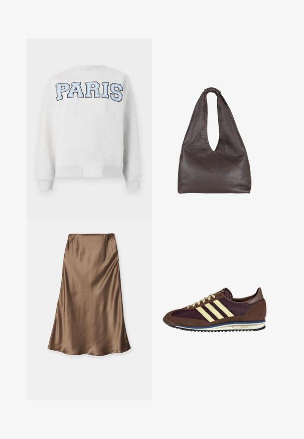 Sweatshirt gris avec "PARIS" en lettres bleu clair en gras sur le devant. Présente un col rond et des poignets et un ourlet côtelés.; By Malene Birger BOSHAN - Jupe trapèze - shitake; Baskets marron et bordeaux avec des matériaux en daim et en maille, présentant trois rayures crème, un tissu texturé sur la languette et une semelle en caoutchouc.; Sac en cuir marron avec un design ample et décontracté. Équipé d'une poignée en boucle et d'une ouverture en V profonde pour un accès facile. Texture douce, style minimaliste.
