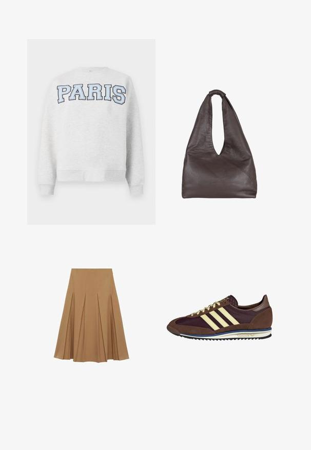 Felpa grigia con la scritta "PARIS" in carattere grassetto e blu chiaro sulla parte anteriore. Presenta un collo rotondo e polsini e orlo a coste.; Gonna plissettata in tessuto marrone chiaro, con una silhouette svasata e una vita, progettata per una vestibilità ampia e facilità di movimento.; Sneaker marrone e bordeaux realizzato in materiali scamosciati e in rete, caratterizzato da tre strisce color crema, tessuto testurizzato sulla linguetta e suola in gomma.; Borsa in pelle marrone con un design morbido e oversize. Presenta un manico ad anello e un'apertura a V profonda per un accesso facile. Texture morbida, stile minimalista.