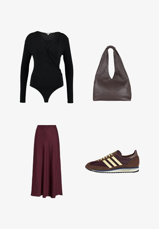 Sudadera gris con "PARIS" en letras grandes de color azul claro en la parte delantera. Presenta un cuello redondo y puños y dobladillo acanalados.; Bodysuit negro de manga larga con diseño envolvente, que presenta una textura suave y un escote en V profundo. La parte inferior tiene cobertura tipo tanga.; Falda maxi de satén burdeos con una textura suave, cintura alta y una silueta ondulante que se abre suavemente hacia el dobladillo.; Deportivas marrones y burdeos con materiales de ante y malla, con tres franjas crema, tela texturizada en la lengüeta y suela de goma.; Bolso de cuero marrón con un diseño holgado y sobredimensionado. Cuenta con un asa de bucle y una apertura en V profunda para un fácil acceso. Textura suave, estilo minimalista.