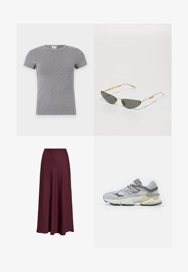 Grijze sweatshirt met "PARIS" in vet, lichtblauwe letters over de voorkant. Heeft een ronde halslijn en ribgebreide manchetten en zoom.; Grijze T-shirt met korte mouwen, gemaakt van zachte katoen. Heeft een ronde hals en een getailleerd ontwerp, geschikt voor casual draag.; Bordeaux satijnen maxi rok met een zachte textuur, hoge taille en een vloeiende silhouet die zachtjes uitloopt naar de zoom.; Grijze suède en mesh sneaker met een dikke witte en beige zool, voorzien van een prominente witte logo en rode accentdetails.; Gouden zonnebril met donkergrijze lenzen. Unieke cat-eye vorm. De poot heeft afwisselend gouden kralen en parelaccenten.