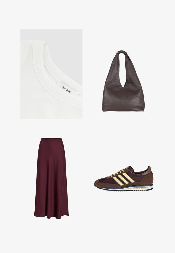 Harmaa collegepaita, jonka edessä on paksu vaaleansininen teksti "PARIS". Paita on pyöreäkauluksinen ja siinä on ribbaus hihansuissa ja helmassa.; Valkoinen puuvillapaita, jossa on pyöreä pääntie ja ommeltuja yksityiskohtia; tarrassa lukee "REISS." Liukas pinta, yksinkertainen muotoilu.; Burgundy satiini maksihame, jossa on sileä tekstiili, korkea vyötärö ja virtaava siluetti, joka laajenee lempeästi helmaan.; Ruskea ja burgundin värinen lenkkari, jossa on yksityiskohtina mokkaa ja verkkomateriaalia, kolmea kermaista raitaa, tekstuuripinta kielekkeessä ja kumipohja.; Ruskea nahkabag, jossa on roikkumaiseen ja ylisuureen tyyliin. Varustettu silmukkakahvalla ja syvällä V-leikkausaukolla helppoa pääsyä varten. Pehmeä rakenne, minimalistinen tyyli.