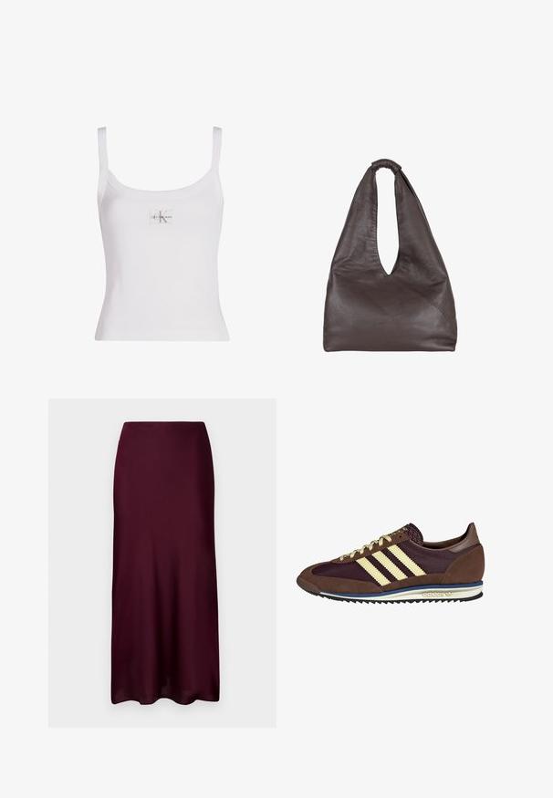 Grå sweatshirt med "PARIS" i fed, lyseblå skrift tværs over fronten. Har en rund halsudskæring samt ribbede manchetter og kant.; Calvin Klein Jeans Top - bright white; Bordeaux satin midi-nederdel med en subtil glans, der har en lige snit og flydende design, velegnet til forskellige anledninger.; Brune og bordeaux sneakers lavet af ruskind og mesh-materialer, med tre cremefarvede striber, tekstureret stof på tungen, og en gummisål.; Brun lædertaske med en slaskende, overdimensioneret design. Har et løkkegreb og en dyb V-formet åbning for nem adgang. Blød tekstur, minimalistisk stil.