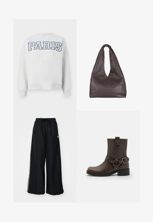 Grå hettegenser med "PARIS" i fet, lyseblå skrift over fronten. Har rund halsutringning og ribbede mansjetter og fald.; Svart vide bukser laget av lett materiale. Har elastisk midjebånd med snor og hvite sidelister. Merkevarelogo på hoften.; Brune syntetisk ankelstøvel med flat såle, med dekorativt bånd og spenne, glatt tekstur og rund tå-design.; Brun lærveske med en avslappet, overdimensjonert design. Har en løkkehåndtak og en dyp V-formet åpning for enkel tilgang. Myk tekstur, minimalistisk stil.