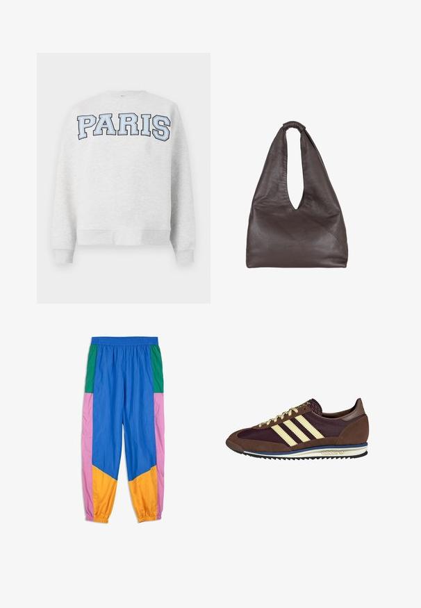 Grauer Sweatshirt mit "PARIS" in fettem, hellblauem Schriftzug auf der Vorderseite. Verfügt über einen runden Halsausschnitt sowie gerippte Bündchen und Saum.; Bunte Jogginghosen mit Paneelen in Blau, Grün, Pink und Orange. Hergestellt aus leichtem Stoff mit einem elastischen Bund und Bündchen.; Braune und burgunderfarbene Sneaker aus Wildleder und Mesh-Materialien, mit drei cremefarbenen Streifen, strukturiertem Stoff an der Zunge und einer Gummisohle.; Braune Lederhandtasche mit einem lässigen, übergroßen Design. Verfügt über einen Schlaufenhandgriff und eine tiefe V-förmige Öffnung für einfachen Zugang. Weiche Textur, minimalistischer Stil.