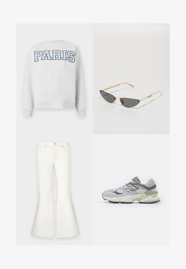 Šedá mikina s nápisom "PARÍŽ" v tučnom svetlomodrom písmene napísaným na prednej strane. Má okrúhly výstrih a rebrované manžety a lem.; Biele rozšírené džínsy s vysokým pásom z denimu. Obsahujú topstitching a predné vrecká. Hladká štruktúra s konštruovaným dizajnom.; Šedé semišové a sieťové tenisky s hrubou bielou a béžovou podošvou, ktoré majú výrazné biele logo a červené akcenty.; Slnečné okuliare so zlatým rámom a tmavošedými sklami. Pôvodný tvar mačacích očí. Rámiky sú zdobené striedajúcimi sa zlatými korálkami a perlami.