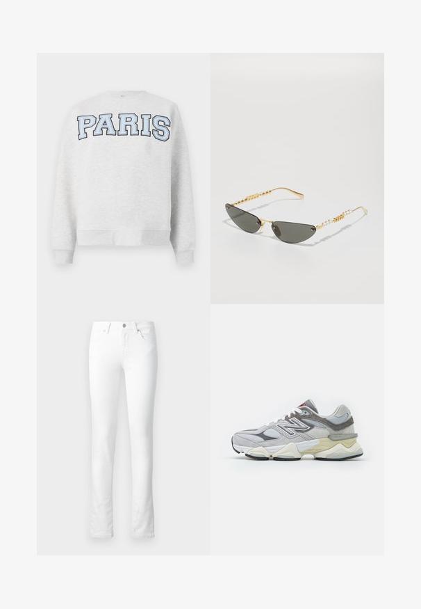 Sweatshirt cinza com "PARIS" em letras bold e azul claro na parte da frente. Apresenta um decote redondo e punhos e barra canelados.; Jeans de denim branco com um corte slim, design de cinco bolsos, fecho de correr e detalhes de costura subtil. Textura suave; sem padrões visíveis.; Sapatilha cinza em camurça e malha com uma sola grossa branca e bege, apresentando um logotipo branco proeminente e detalhes em vermelho.; Óculos de sol com armação dourada e lentes cinzentas escuras. Formato único de olhos de gato. As hastes apresentam pérolas e contas douradas alternadas.