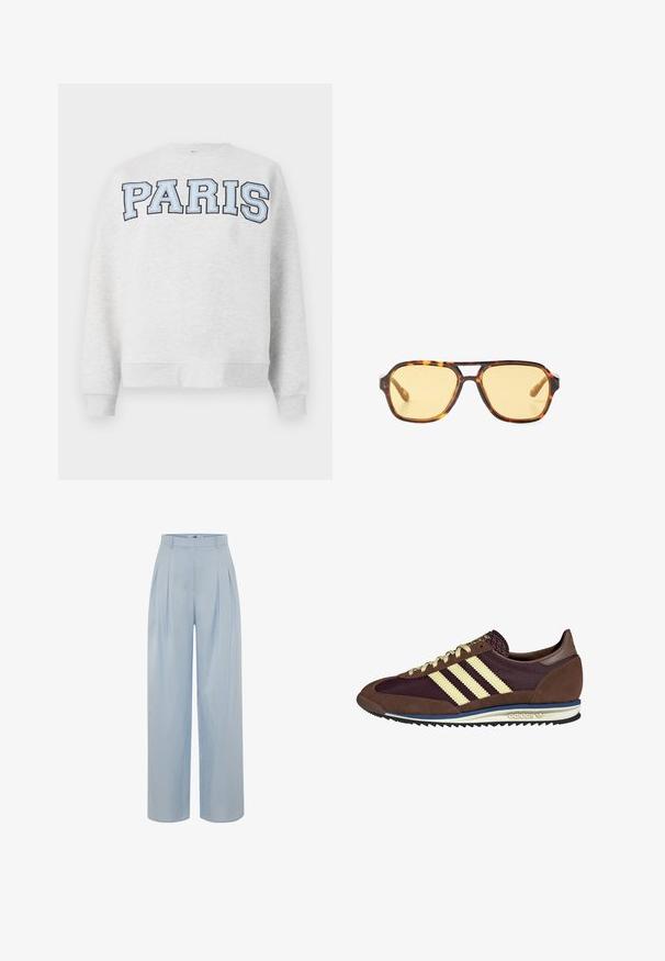 Szara bluza z napisem "PARIS" w odważnym, jasnoniebieskim kolorze na przodzie. Charakteryzuje się okrągłym dekoltem oraz ściągaczami przy rękawach i dołem.; adL IRENE niebieski; Brązowe i burgundowe sneakersy wykonane z zamszu i siateczkowych materiałów, z trzema kremowymi paskami, teksturowanym materiałem na języku i gumową podeszwą.; Okulary przeciwsłoneczne w kolorze wenge z geometrycznym wzorem, żółtymi soczewkami i metalowymi akcentami na zausznikach. Szeroka oprawa o matowej fakturze.; Brązowa skórzana torba o luźnym, oversize'owym kroju. Posiada pętle do noszenia oraz głębokie V-kształtne otwarcie dla łatwego dostępu. Miękka tekstura, minimalistyczny styl.