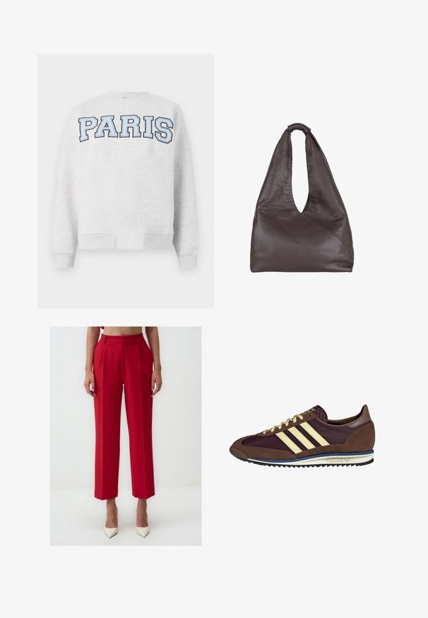 Szara bluza z napisem "PARIS" w odważnym, jasnoniebieskim kolorze na przodzie. Charakteryzuje się okrągłym dekoltem oraz ściągaczami przy rękawach i dołem.; Czerwone dopasowane spodnie z wysokim stanem, plisowanym przodem, prostymi nogawkami i gładką teksturą materiału. Noszone z białymi spiczastymi szpilkami.; Brązowe i burgundowe sneakersy wykonane z zamszu i siateczkowych materiałów, z trzema kremowymi paskami, teksturowanym materiałem na języku i gumową podeszwą.; Brązowa skórzana torba o luźnym, oversize'owym kroju. Posiada pętle do noszenia oraz głębokie V-kształtne otwarcie dla łatwego dostępu. Miękka tekstura, minimalistyczny styl.