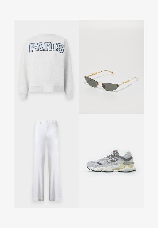 Sudadera gris con "PARIS" en letras grandes de color azul claro en la parte delantera. Presenta un cuello redondo y puños y dobladillo acanalados.; Jeans de pierna ancha blancos con una cintura alta, presentan un cierre de botón, diseño de cinco bolsillos y dobladillos enrollados. Fabricados en tejido de denim.; Zapatilla de ante y malla gris con una suela gruesa blanca y beige, que presenta un logotipo blanco prominente y detalles en acentos rojos.; Gafas de sol con marco dorado y lentes gris oscuro. Forma de ojo de gato única. Las patillas cuentan con cuentas doradas alternas y acentos de perla.