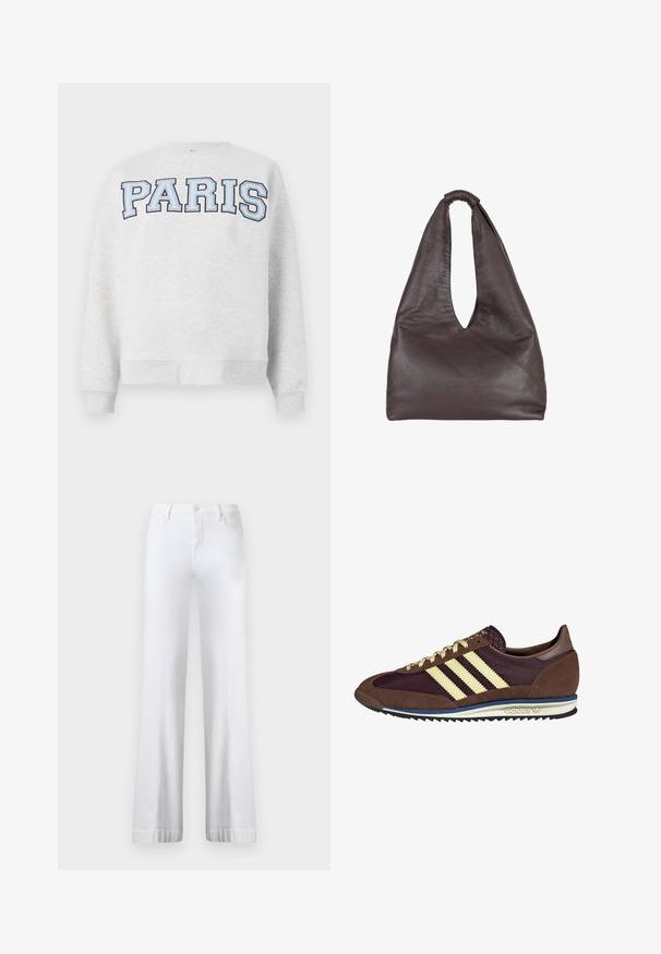 Hallgray dressipluus, mille ees on boldis helesinised tähed "PARIS". Omab ümmargust kaelust ning soonikkoes mansette ja alumist äärt.; Valged laiad püksid kõrge vöökohaga, millel on nööbkinnitus, viie-tasku disain ja rullitud äärised. Valmistatud denimpaneelist.; Pruun ja burgundi värvi tennised, mis on valmistatud karvase ja võrkmaterjaliga, sisaldavad kolme kreemjat triipu, tekstuurset kangast keelt ja kummist talla.; PRUUNIST nahk-kott, millel on lõtv ja üle suuruse disain. Varustatud silmadega käepideme ja sügava V-lõikega avamisega lihtsaks ligipääsuks. Pehme tekstuur, minimalistlik stiil.