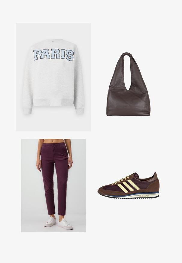 Felpa grigia con la scritta "PARIS" in carattere grassetto e blu chiaro sulla parte anteriore. Presenta un collo rotondo e polsini e orlo a coste.; Pantaloni slim-fit bordeaux in cotone, con chiusura a bottone, tasche frontali e lunghezza cropped, abbinati a sneakers bianche.; Sneaker marrone e bordeaux realizzato in materiali scamosciati e in rete, caratterizzato da tre strisce color crema, tessuto testurizzato sulla linguetta e suola in gomma.; Borsa in pelle marrone con un design morbido e oversize. Presenta un manico ad anello e un'apertura a V profonda per un accesso facile. Texture morbida, stile minimalista.
