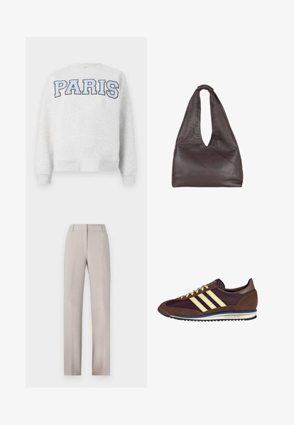 Gray sweatshirt with "PARIS" in bold, light blue lettering across the front. Features a round neckline and ribbed cuffs and hem.; Light beige tailored trousers with a straight leg design. Crafted from textured fabric, featuring a flat front and belt loops.; Brown and burgundy sneaker with suede and mesh materials, featuring three cream stripes, textured fabric on the tongue, and a rubber sole.; Brown leather bag with a slouchy, oversized design. Features a loop handle and a deep V-cut opening for easy access. Soft texture, minimalist style.
