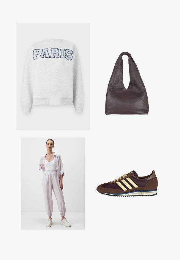 Grauer Sweatshirt mit "PARIS" in fettem, hellblauem Schriftzug auf der Vorderseite. Verfügt über einen runden Halsausschnitt sowie gerippte Bündchen und Saum.; Helle lila, lockere Jogginghosen mit elastischem Bund, kombiniert mit einem weißen Tanktop und einem kurzärmligen Hemd mit Knöpfen. Weiße Sneaker.; Braune und burgunderfarbene Sneaker aus Wildleder und Mesh-Materialien, mit drei cremefarbenen Streifen, strukturiertem Stoff an der Zunge und einer Gummisohle.; Braune Lederhandtasche mit einem lässigen, übergroßen Design. Verfügt über einen Schlaufenhandgriff und eine tiefe V-förmige Öffnung für einfachen Zugang. Weiche Textur, minimalistischer Stil.