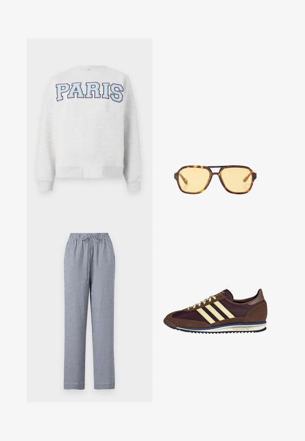 Šedá mikina s nápisom "PARÍŽ" v tučnom svetlomodrom písmene napísaným na prednej strane. Má okrúhly výstrih a rebrované manžety a lem.; Kockované modro-biele nohavice s elastickým pásom a šnúrkou, s rovnými nohavicami a ľahkým materiálom.; Hnedé a bordové tenisky z semišu a sieťoviny, s tromi krémovými pruhmi, textúrovanou tkaninou na jazyku a gumovou podrážkou.; Korytnačie slnečné okuliare s geometrickým dizajnom, žltými sklami a kovovými akcentmi na spánkoch. Široký rám a matný povrch.; Bežová kožená kabelka s oblým dizajnom, s logom v zlatom odtieni a nastaviteľným popruhom s opakujúcim sa názvom značky.