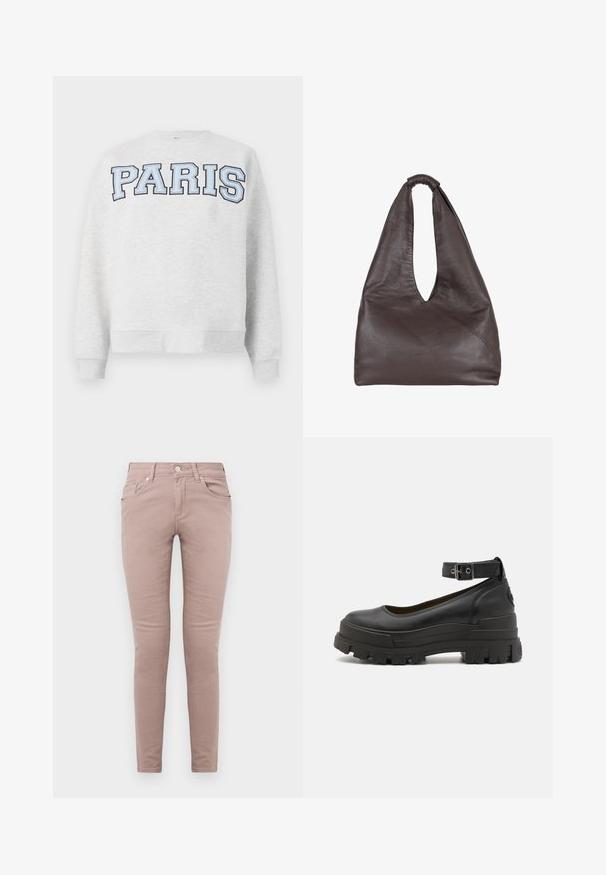 Szara bluza z napisem "PARIS" w odważnym, jasnoniebieskim kolorze na przodzie. Charakteryzuje się okrągłym dekoltem oraz ściągaczami przy rękawach i dołem.; Chude jeansy z jasnoróżowej bawełny. Posiadają pięć kieszeni, zapięcie na guzik z przodu oraz gładką teksturę bez widocznych wzorów.; Buffalo ASPHA czarny; Brązowa skórzana torba o luźnym, oversize'owym kroju. Posiada pętle do noszenia oraz głębokie V-kształtne otwarcie dla łatwego dostępu. Miękka tekstura, minimalistyczny styl.