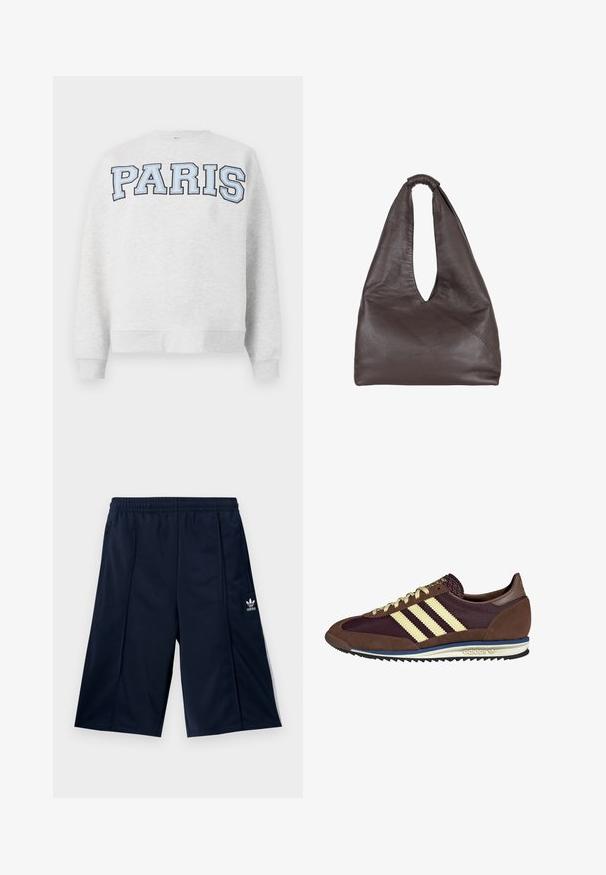 Grå hettegenser med "PARIS" i fet, lyseblå skrift over fronten. Har rund halsutringning og ribbede mansjetter og fald.; Marineblå trening-shorts med elastisk midje og sidelommer, med en hvit Adidas-logo nederst på venstre ben.; Brune og burgunder sneakers i semsket og mesh-materiale, med tre kremfargede striper, teksturert stoff på tungen, og en gummisåle.; Brun lærveske med en avslappet, overdimensjonert design. Har en løkkehåndtak og en dyp V-formet åpning for enkel tilgang. Myk tekstur, minimalistisk stil.