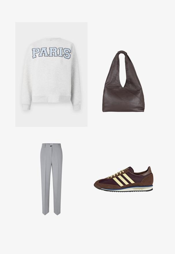 Harmaa collegepaita, jonka edessä on paksu vaaleansininen teksti "PARIS". Paita on pyöreäkauluksinen ja siinä on ribbaus hihansuissa ja helmassa.; Harmaat räätälöidyt housut suoran lahkeen kanssa, valmistettu sileästä kankaasta. Ominaisuuksina etupainike ja kaksi etutaskua.; Ruskea ja burgundin värinen lenkkari, jossa on yksityiskohtina mokkaa ja verkkomateriaalia, kolmea kermaista raitaa, tekstuuripinta kielekkeessä ja kumipohja.; Ruskea nahkabag, jossa on roikkumaiseen ja ylisuureen tyyliin. Varustettu silmukkakahvalla ja syvällä V-leikkausaukolla helppoa pääsyä varten. Pehmeä rakenne, minimalistinen tyyli.
