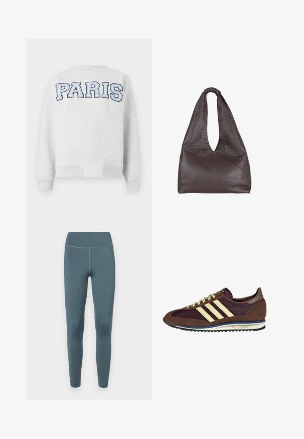 Grijze sweatshirt met "PARIS" in vet, lichtblauwe letters over de voorkant. Heeft een ronde halslijn en ribgebreide manchetten en zoom.; 7 DAYS Active SIGNATURE TIGHTS - Legging - stormy weather; Bruine en bordeauxkleurige sneaker van suede en mesh materiaal, met drie crèmekleurige strepen, een gemêleerd stof op de tong en een rubberen zool.; Bruine leren tas met een slappe, oversized uitstraling. Beschikt over een lusvormige handgreep en een diepe V-vormige opening voor gemakkelijke toegang. Zachte textuur, minimalistische stijl.