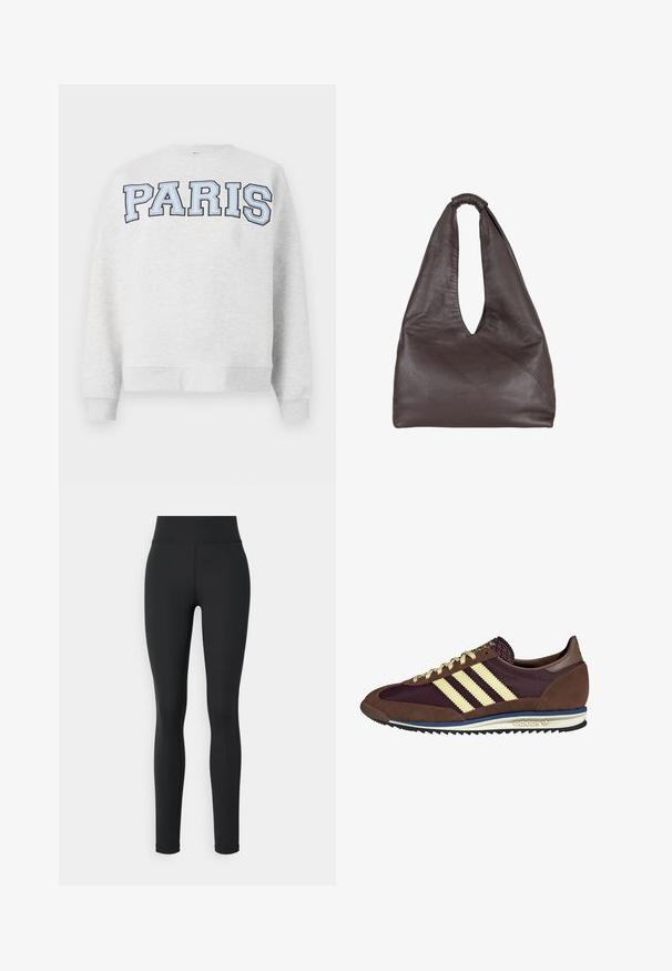 Grauer Sweatshirt mit "PARIS" in fettem, hellblauem Schriftzug auf der Vorderseite. Verfügt über einen runden Halsausschnitt sowie gerippte Bündchen und Saum.; Schwarze Leggings aus einem dehnbaren Material mit einem hohen Bund, featuring eine glatte Textur und keine sichtbaren Muster oder Akzente.; Braune und burgunderfarbene Sneaker aus Wildleder und Mesh-Materialien, mit drei cremefarbenen Streifen, strukturiertem Stoff an der Zunge und einer Gummisohle.; Braune Lederhandtasche mit einem lässigen, übergroßen Design. Verfügt über einen Schlaufenhandgriff und eine tiefe V-förmige Öffnung für einfachen Zugang. Weiche Textur, minimalistischer Stil.