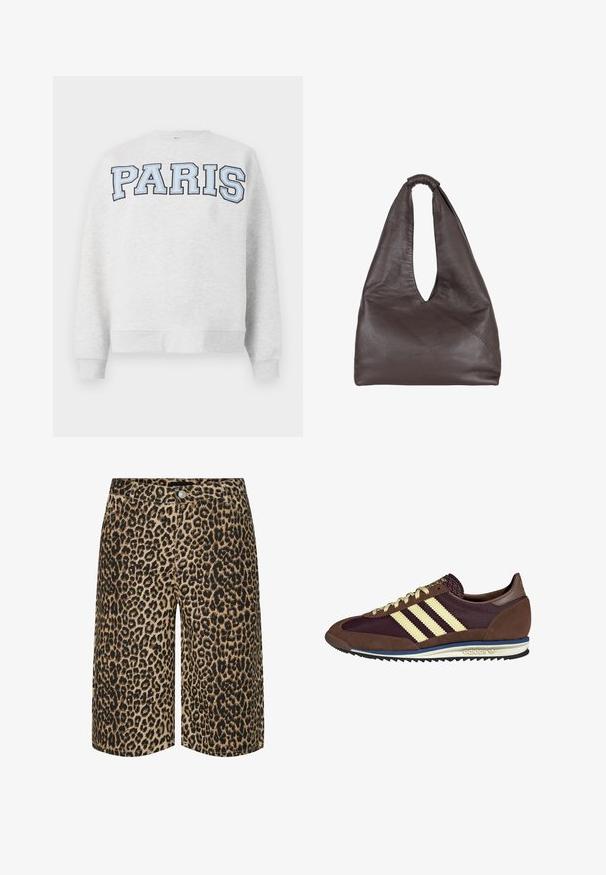 Gray sweatshirt with "PARIS" in bold, light blue lettering across the front. Features a round neckline and ribbed cuffs and hem.; Pieces PCSALUME WIDE - Denim shorts - white pepper; Brown and burgundy sneaker with suede and mesh materials, featuring three cream stripes, textured fabric on the tongue, and a rubber sole.; Brown leather bag with a slouchy, oversized design. Features a loop handle and a deep V-cut opening for easy access. Soft texture, minimalist style.