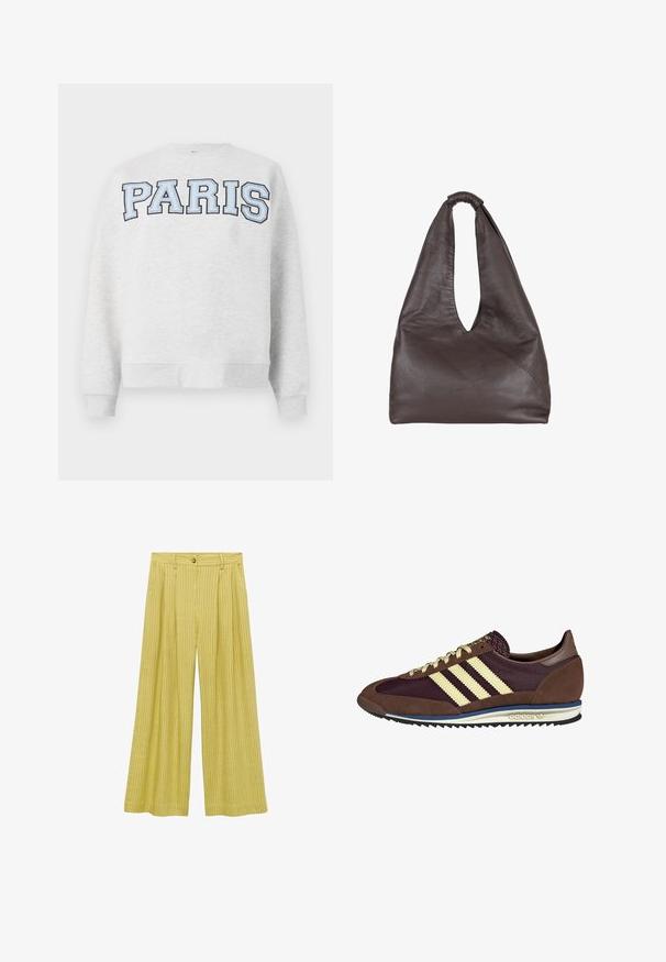 Sivina dukserica z napisom "PARIZ" v svetlo modri barvi na sprednji strani. Ima okroglo izrez in rebraste manšete ter rob.; Hlače širokih nogavic v svetlo rumeni barvi, z grobo rebrasto teksturo, visokim pasom z zapiranjem na gumb spredaj in sproščenim krojem.; Rjavi in rdeče-burgundske teniske iz usnja in mrežastega materiala, ki imajo tri smetane stripe, teksturirano blago na jeziku in gumijast podplat.; Rjava usnjena torba s spuščeno, prenapolnjeno zasnovo. Ima zanko za ročaj in globok V-izrez za enostaven dostop. Mehka tekstura, minimalistični slog.