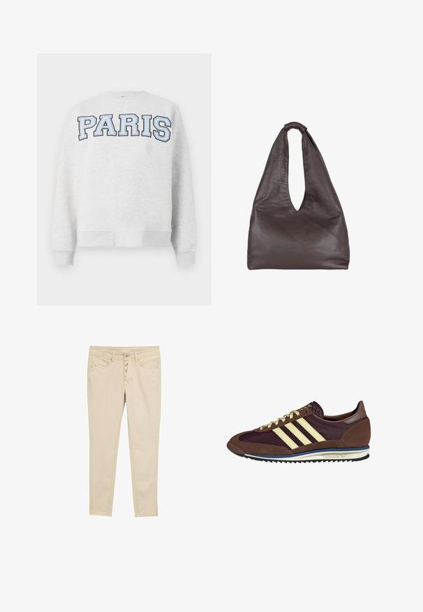 Grå sweatshirt med "PARIS" i fed, lyseblå skrift tværs over fronten. Har en rund halsudskæring samt ribbede manchetter og kant.; Beige slim-fit jeans i bomuld med fem knapper, forlommer og diskrete syninger. Glat tekstur og tætsiddende design.; Brune og bordeaux sneakers lavet af ruskind og mesh-materialer, med tre cremefarvede striber, tekstureret stof på tungen, og en gummisål.; Brun lædertaske med en slaskende, overdimensioneret design. Har et løkkegreb og en dyb V-formet åbning for nem adgang. Blød tekstur, minimalistisk stil.