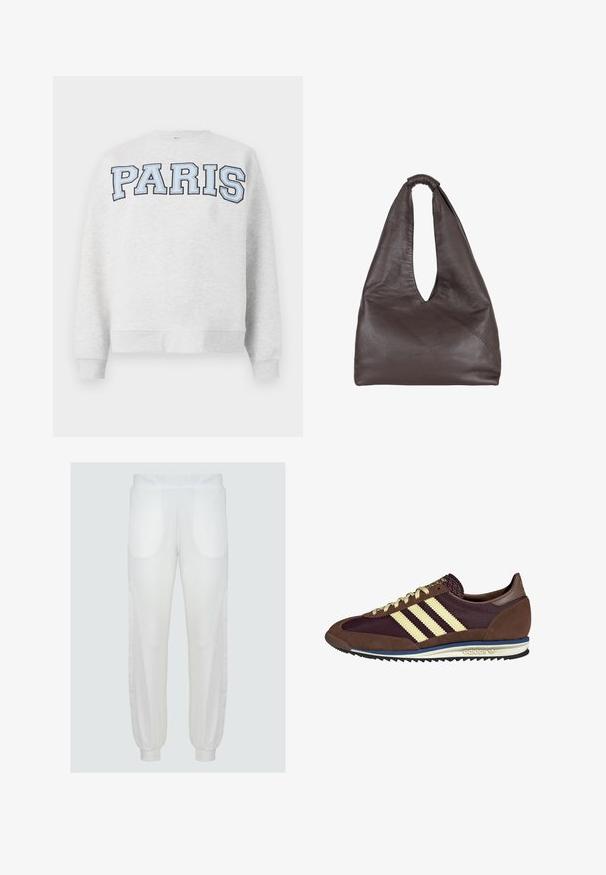 Grijze sweatshirt met "PARIS" in vet, lichtblauwe letters over de voorkant. Heeft een ronde halslijn en ribgebreide manchetten en zoom.; Witte joggerbroeken met elastische tailleband, zijzakken en ribbels bij de boorden. Gladde stof met een iets losse pasvorm en gebogen stikdetails.; Bruine en bordeauxkleurige sneaker van suede en mesh materiaal, met drie crèmekleurige strepen, een gemêleerd stof op de tong en een rubberen zool.; Bruine leren tas met een slappe, oversized uitstraling. Beschikt over een lusvormige handgreep en een diepe V-vormige opening voor gemakkelijke toegang. Zachte textuur, minimalistische stijl.